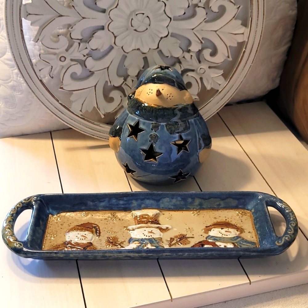 Shabby Chic Snowman ⛄️ Pottery Tealight Holder & Decorative Serving Tray